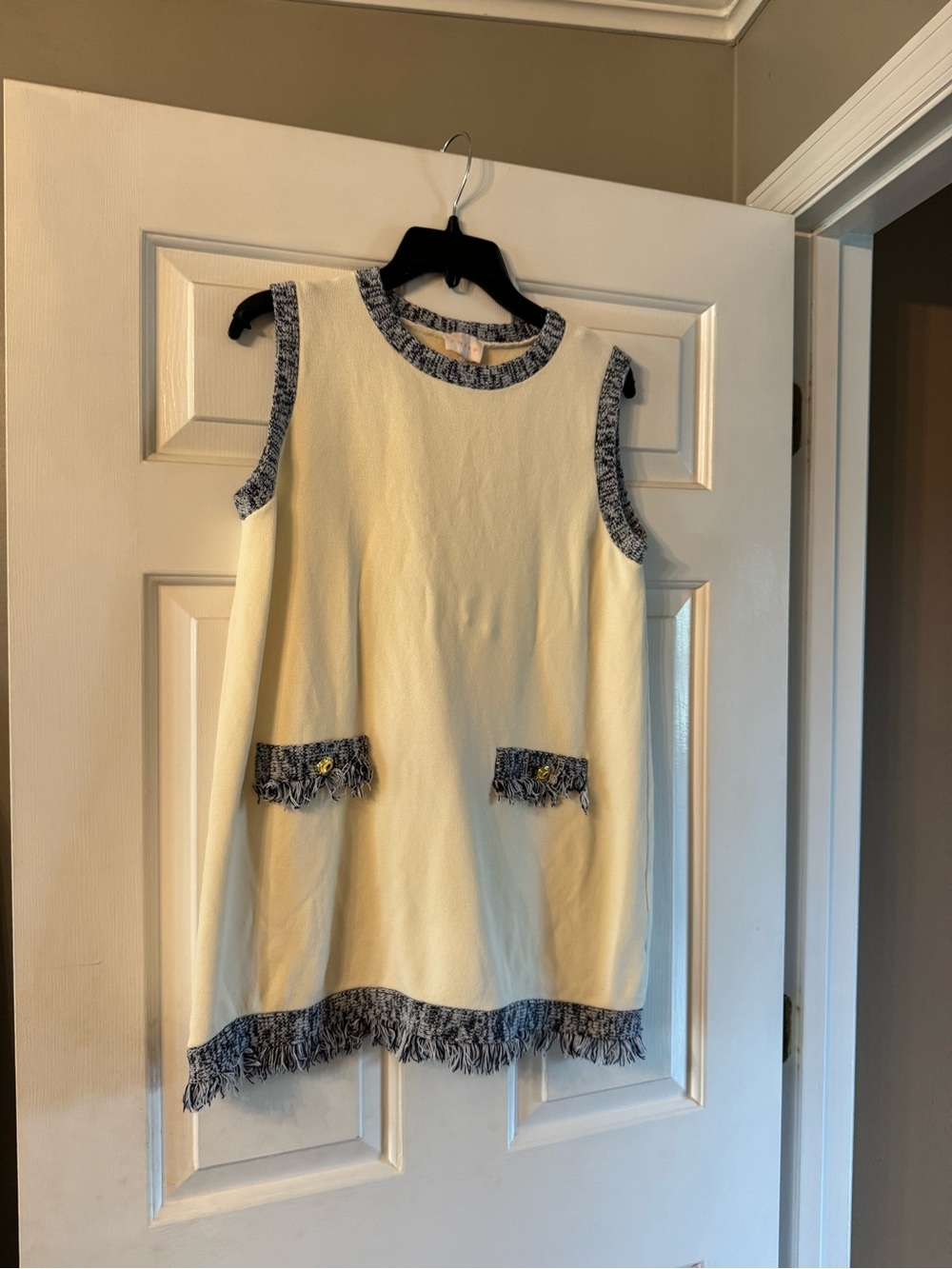 entro Cream Sleeveless Mini Dress with Navy Fringe Trim
